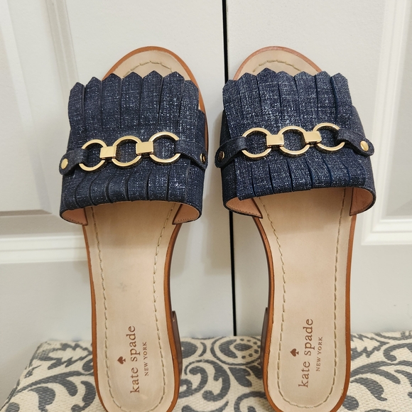 Kate Spade  Denim Navy Fringe Slide Sandals Sz 8M - Picture 5 of 8